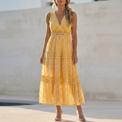 Bohemian Lace Maxi Dress with Tiered Skirt and Delicate Detailing