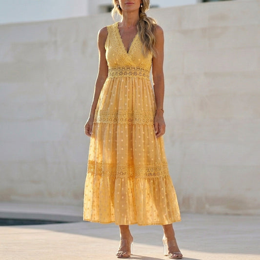 Bohemian Lace Maxi Dress with Tiered Skirt and Delicate Detailing
