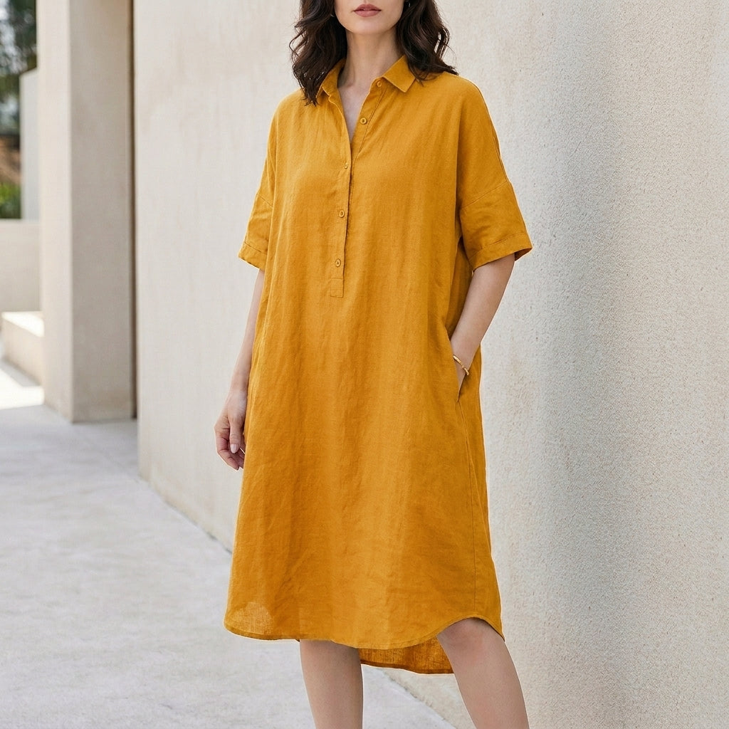 Relaxed Button-Front Midi Tunic Dress with Side Pockets