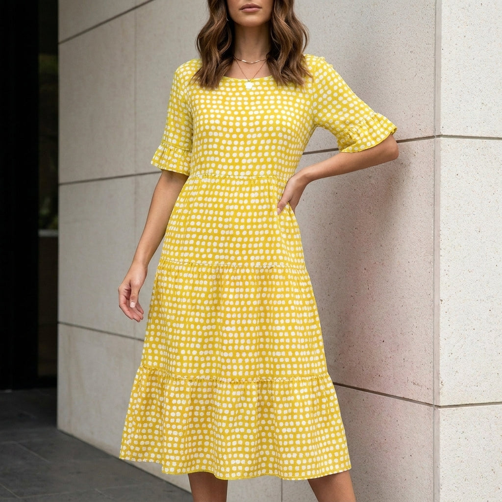 Soft Mosaic Print Tiered Midi Dress