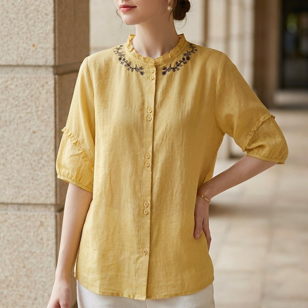 Relaxed Embroidered Button-Up Blouse with Ruffle Trim