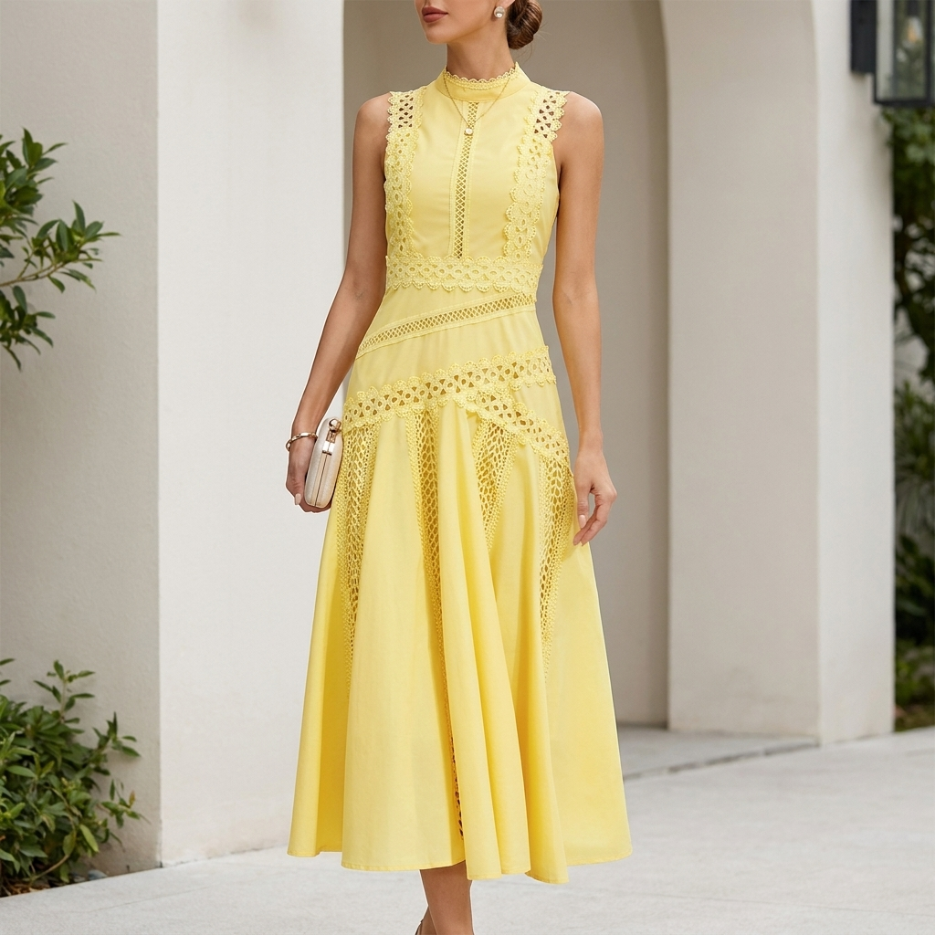 Structured Lace A-Line Midi Dress with High Neckline