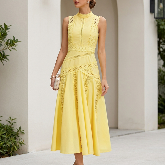 Structured Lace A-Line Midi Dress with High Neckline