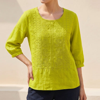 Relaxed Embroidered Blouse with Lace Trim and Pintuck Detail