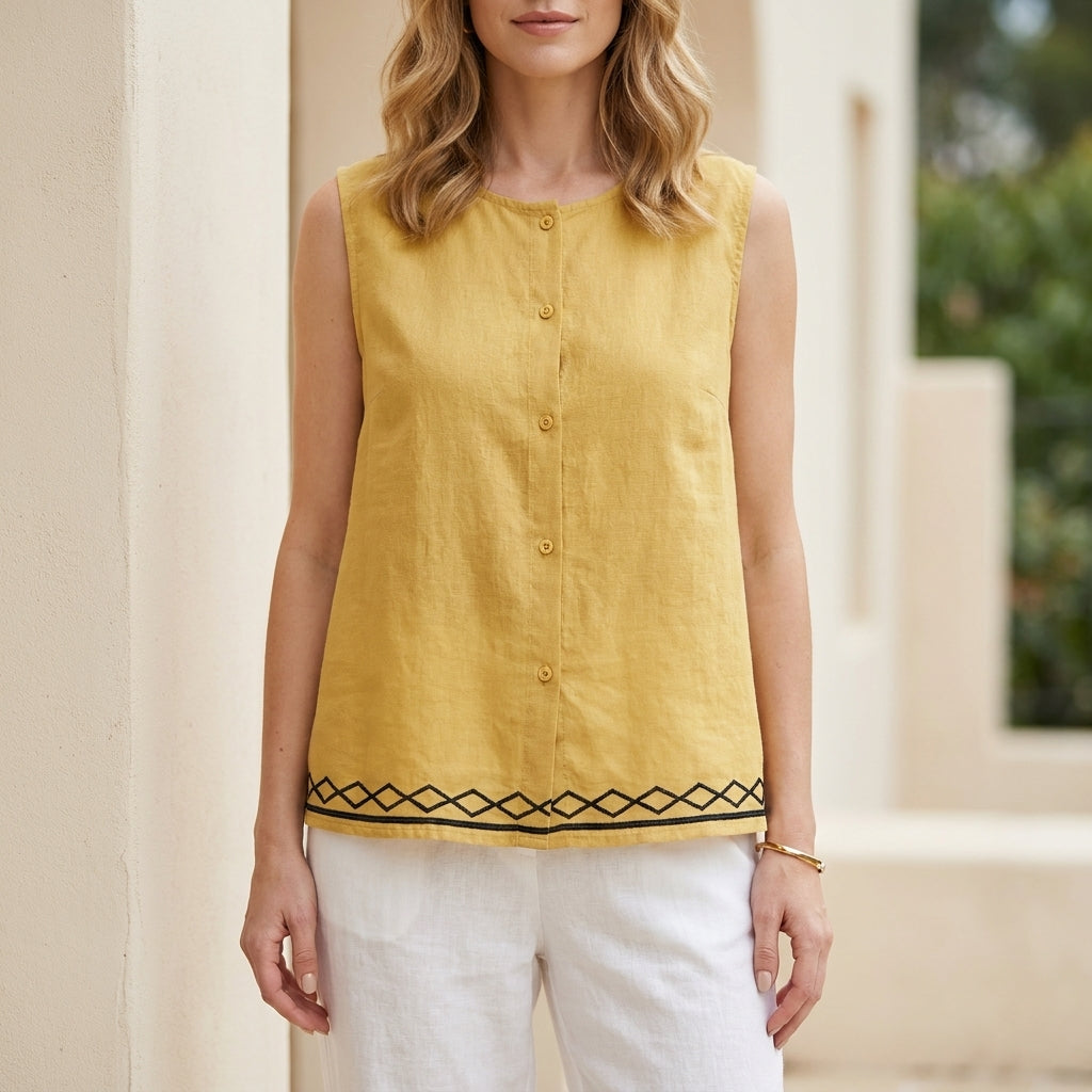 Relaxed Sleeveless Button Front Blouse with Minimalist Embroidered Hem Detail