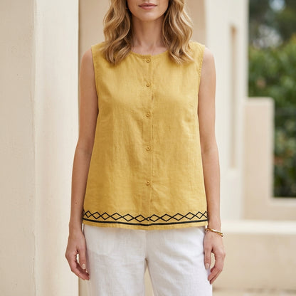 Relaxed Sleeveless Button Front Blouse with Minimalist Embroidered Hem Detail