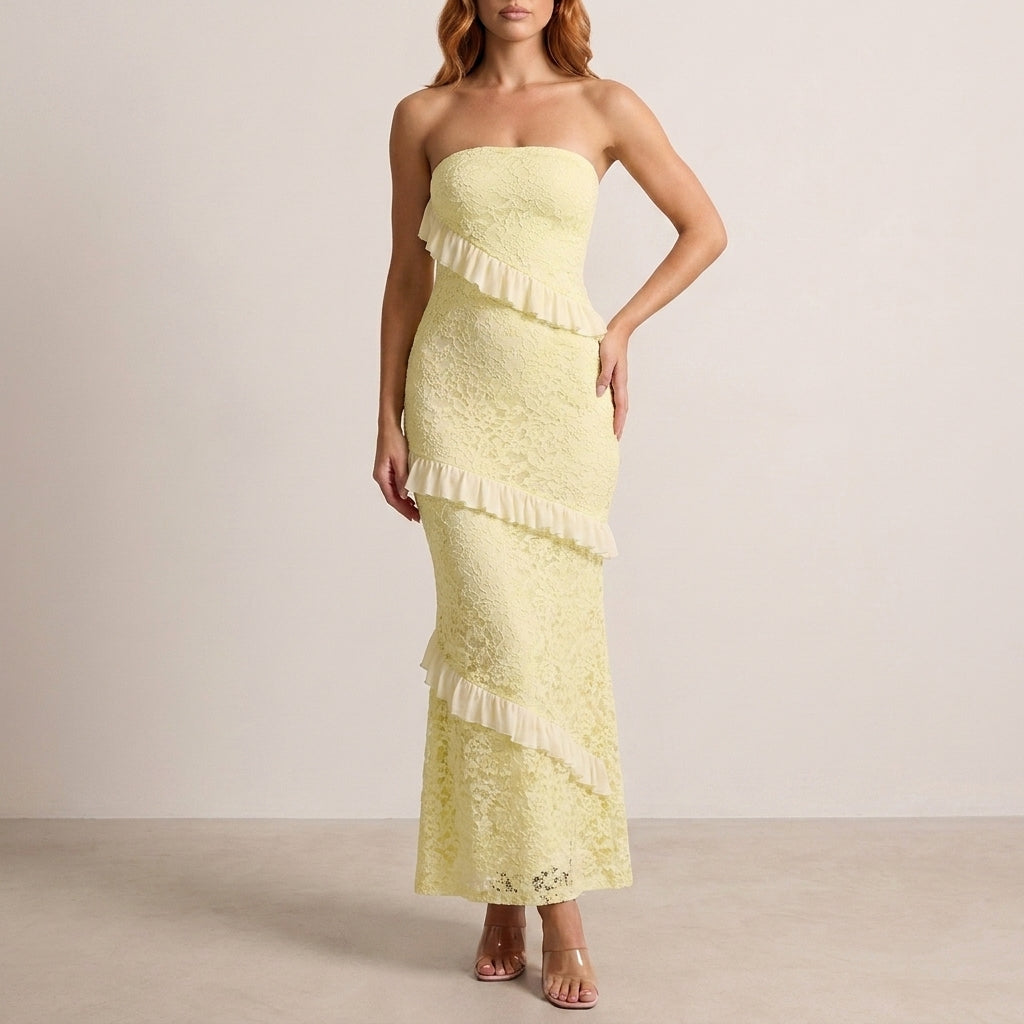 Romantic Lace Ruffle Strapless Maxi Dress