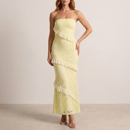 Romantic Lace Ruffle Strapless Maxi Dress