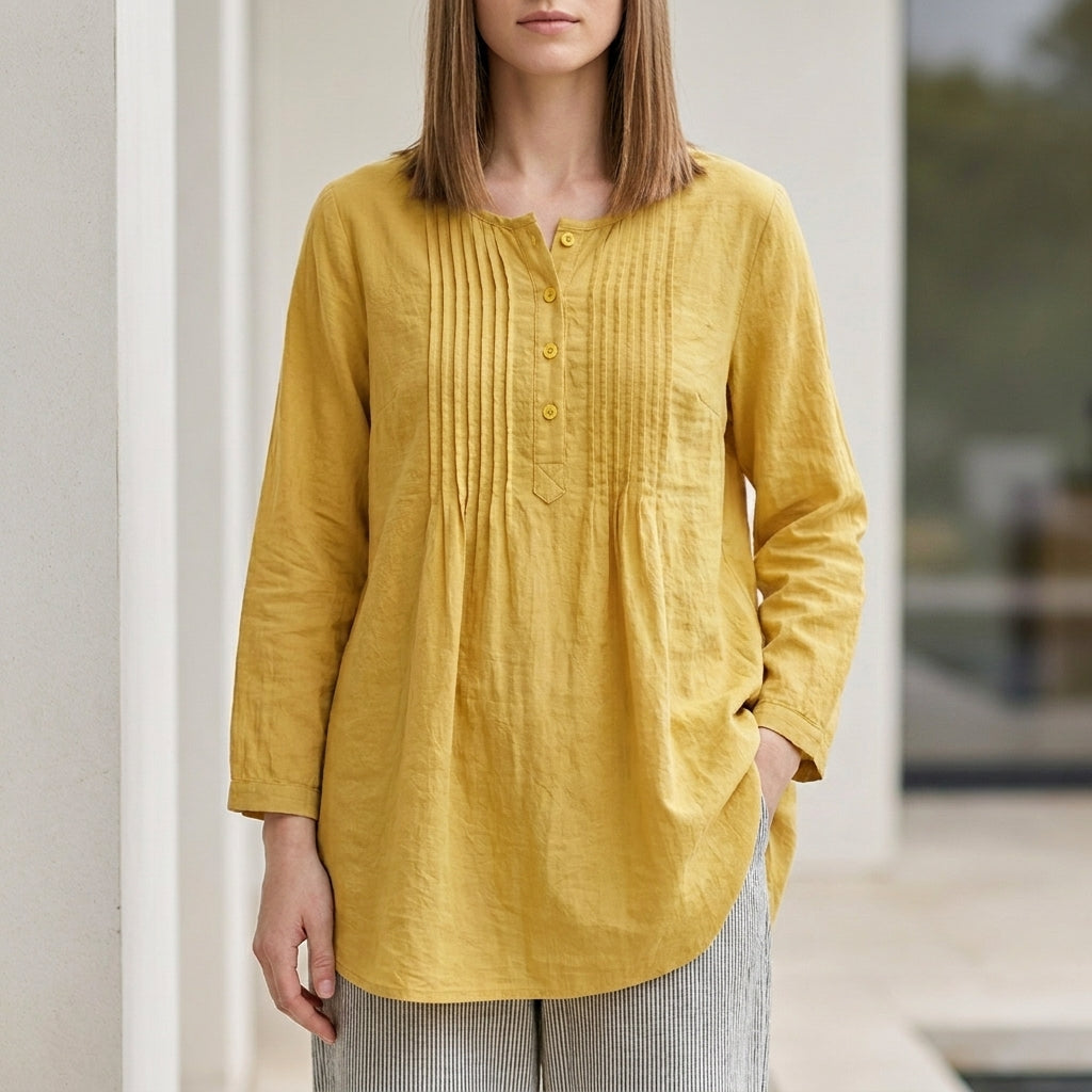Relaxed Oversized Long-Sleeve Shirt with Pin-Tuck Pleat Detail