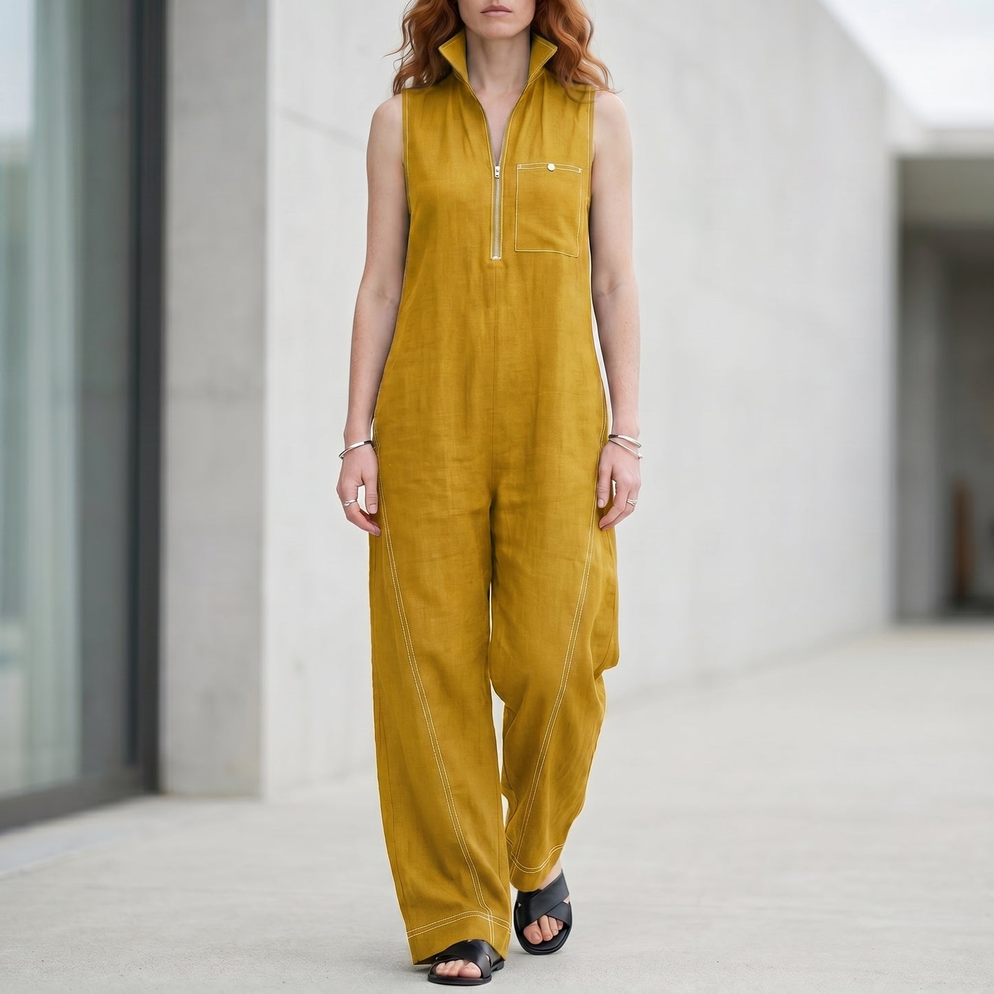 Tailored Zip-Front Sleeveless Wide-Leg Jumpsuit