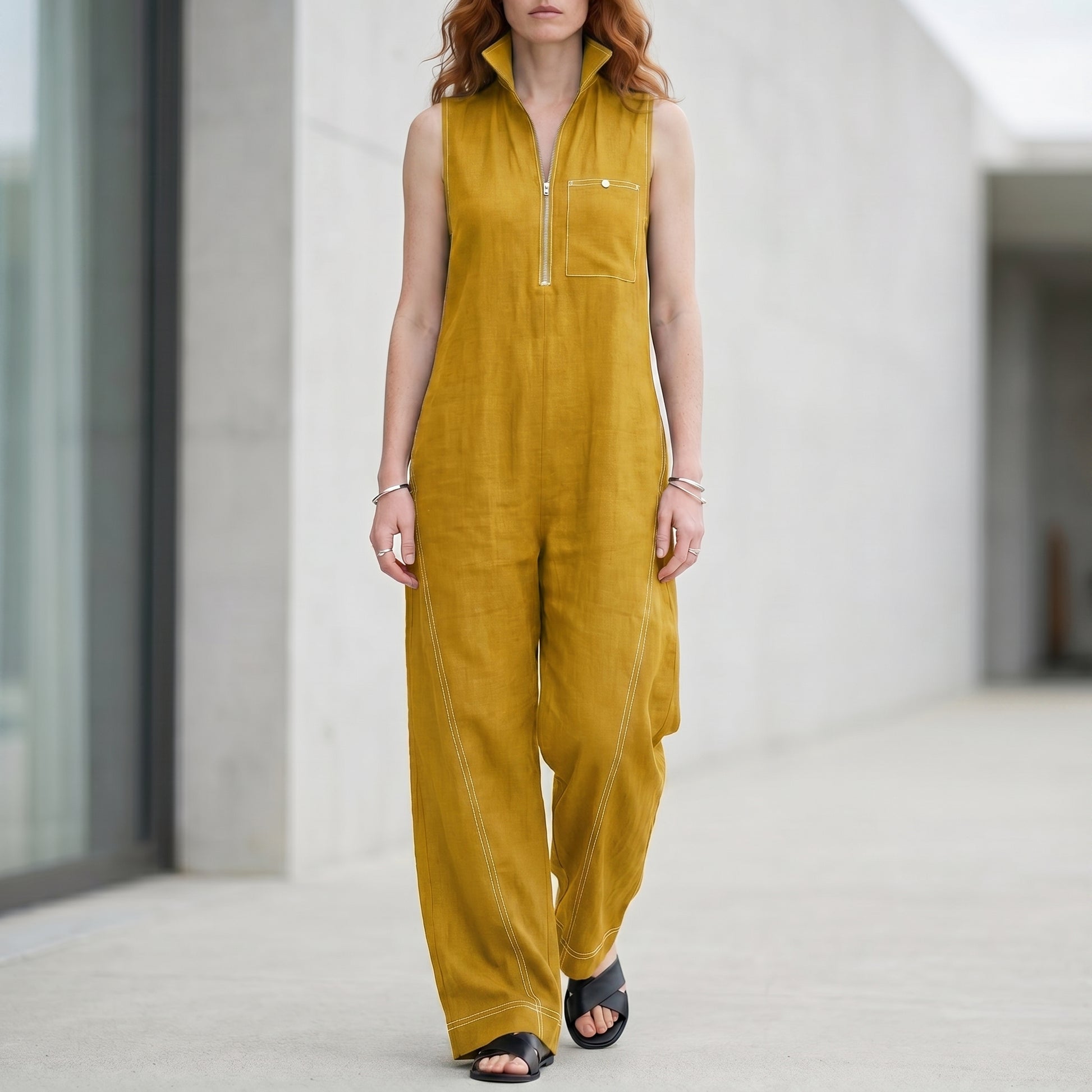 Tailored Zip-Front Sleeveless Wide-Leg Jumpsuit
