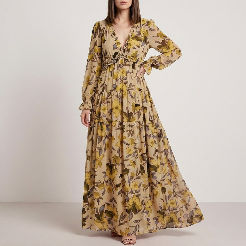 Romantic Floral Tiered Maxi Dress with Smocked Waist Detail