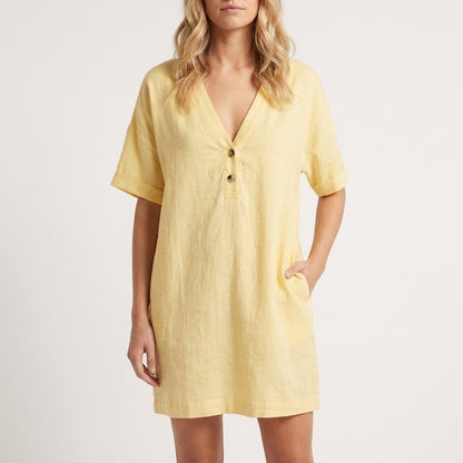 Relaxed V-Neck Mini Dress with Button Placket and Curved Hemline