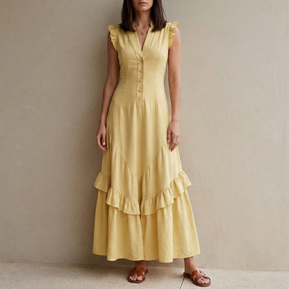 Ruffle Sleeve Button Front Midi Dress with Tiered Hem