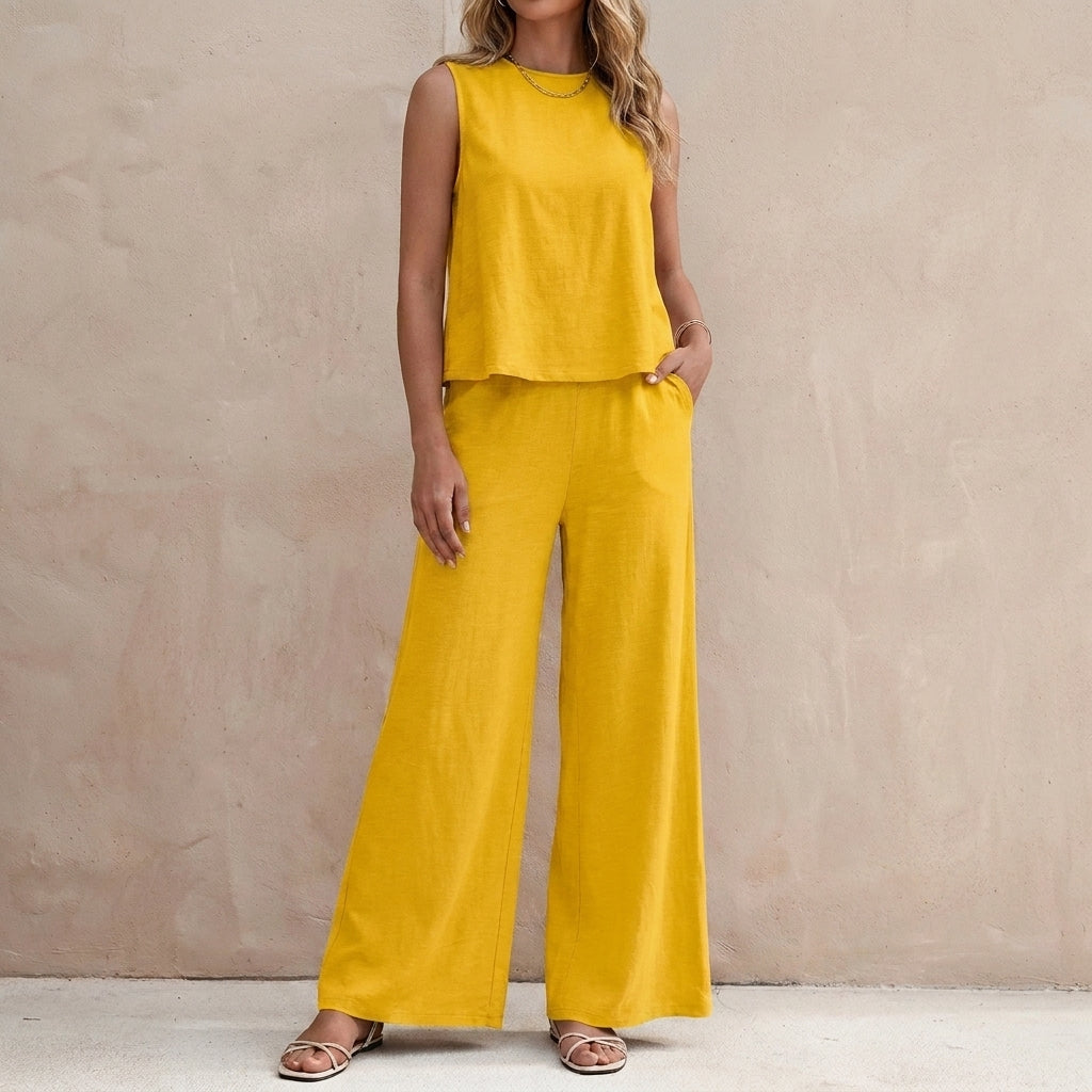 Sunlit Sleeveless Two-Piece Set with Flowing Wide-Leg Pants