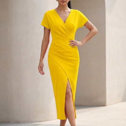 Wrap Midi Dress with Ruched Waist and Draped V-Neck