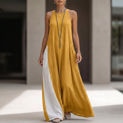Relaxed Sleeveless Maxi Dress with High Neckline and Side Pockets