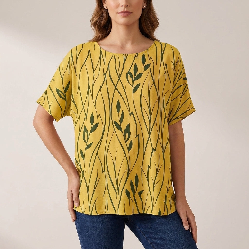 Oversized Draped Tunic with Abstract Botanical Motif and Relaxed Silhouette
