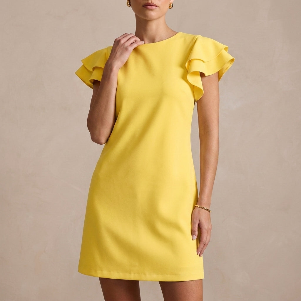 Elegant Backless Shift Dress with Layered Ruffle Sleeves and Boat Neckline