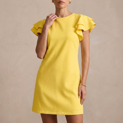 Elegant Backless Shift Dress with Layered Ruffle Sleeves and Boat Neckline