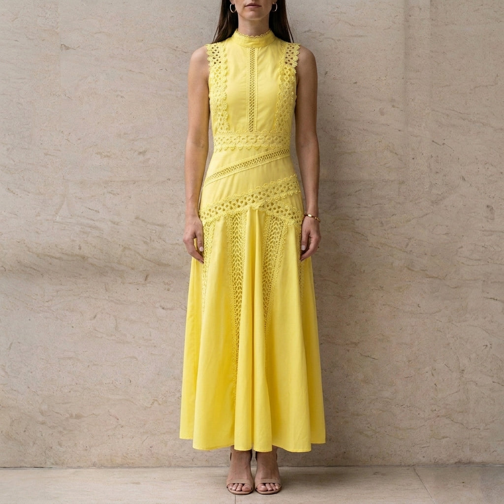 Sunlit Elegance High-Neck Lace Detail Midi Dress