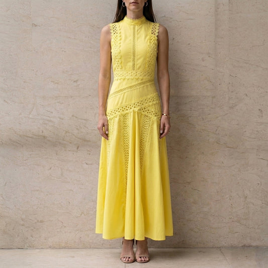 Sunlit Elegance High-Neck Lace Detail Midi Dress