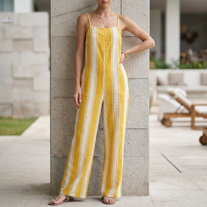Vertical Stripe Suspender Jumpsuit with Wide-Leg Silhouette