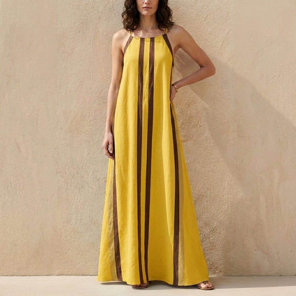 Flowing Stripe Detail Maxi Dress with Spaghetti Straps