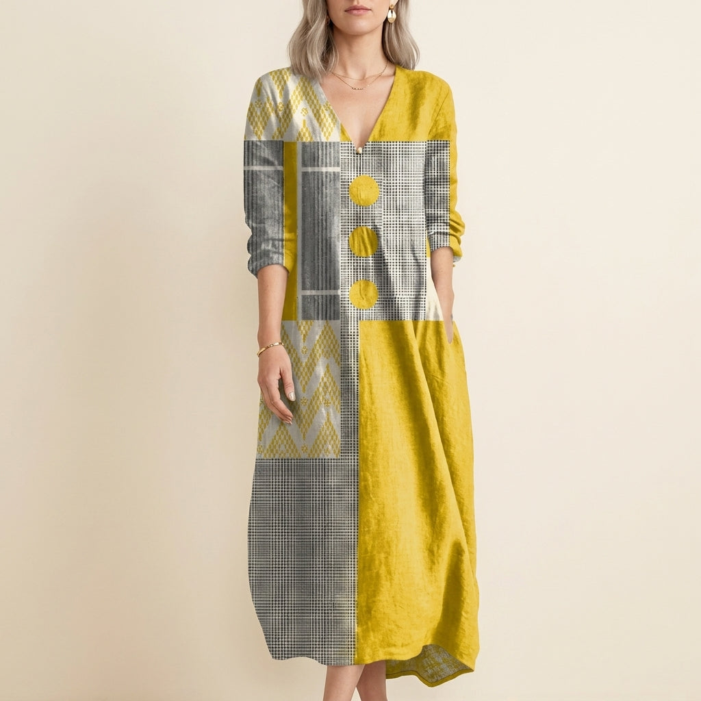 Patchwork Print Midi Dress with Statement Button Detail