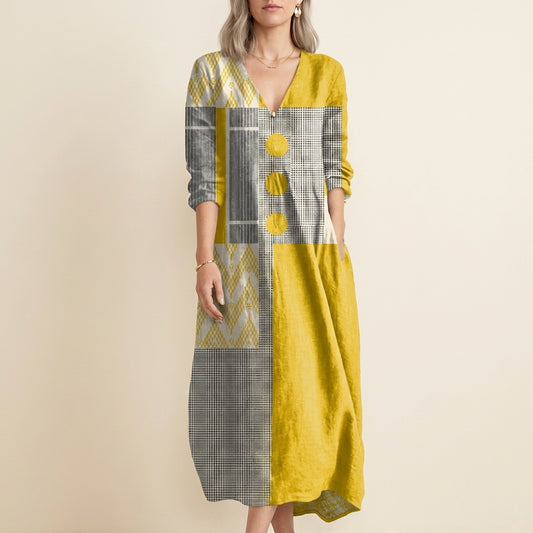 Patchwork Print Midi Dress with Statement Button Detail