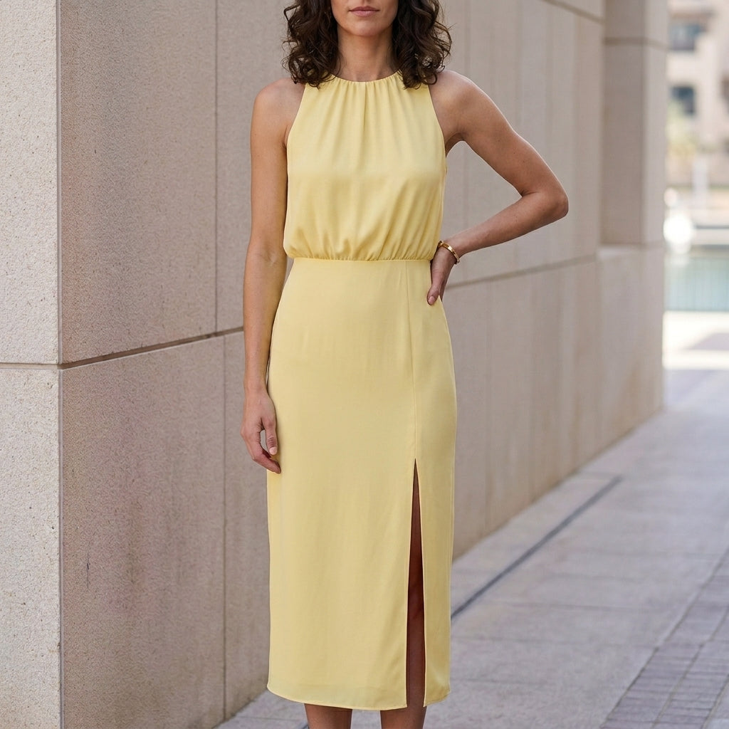 Sleeveless High Neck Side Slit Midi Dress