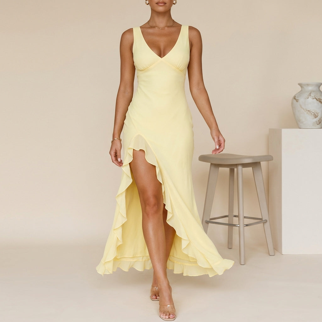 Flowing Chiffon Maxi Dress with Ruched Bodice and Ruffled Slit