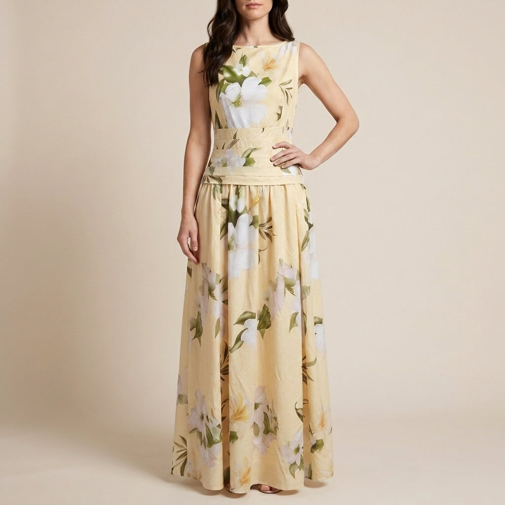 Botanical Print Sleeveless Maxi Dress with Graceful Flow