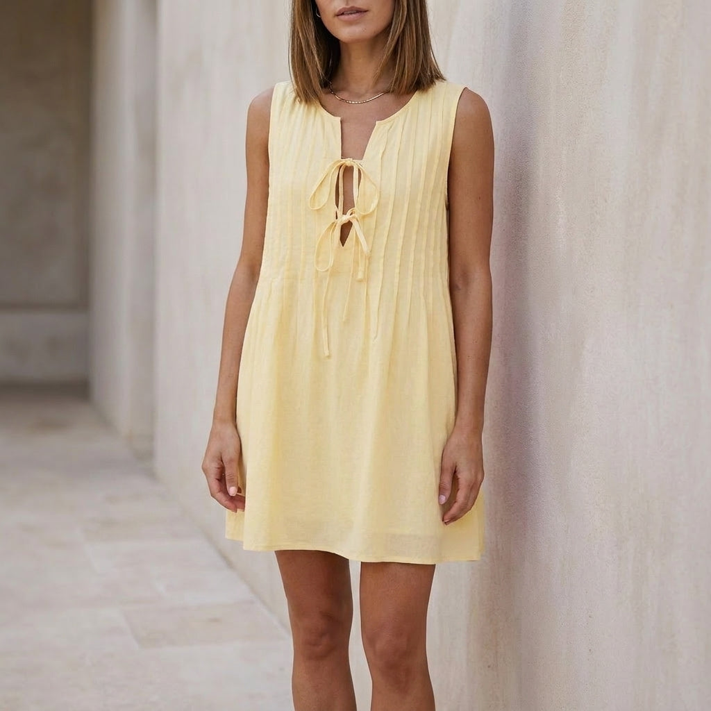 Sleeveless A-Line Mini Dress with Pin-Tuck Bodice and Tie-Neck Detail