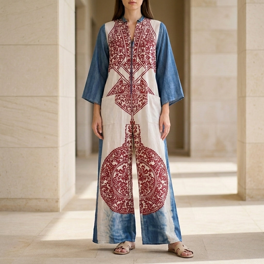 Bohemian Printed Caftan Jumpsuit with Flowing Wide Leg Silhouette