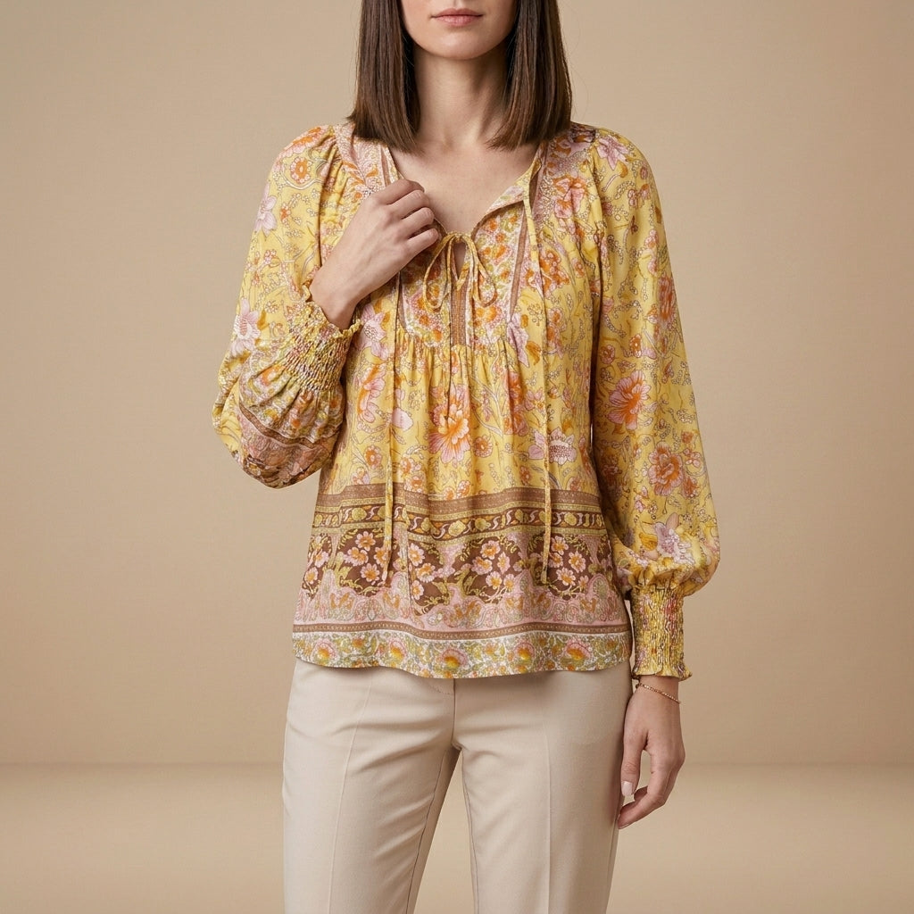 Bohemian Floral Patchwork Peasant Blouse with Tassel Tie Neck