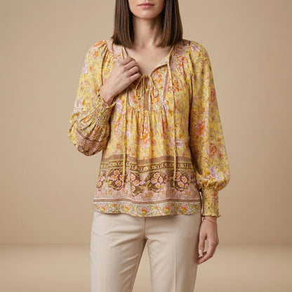 Bohemian Floral Patchwork Peasant Blouse with Tassel Tie Neck