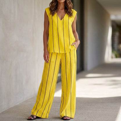 Minimalist Striped Sleeveless Top and Wide-Leg Pant Set