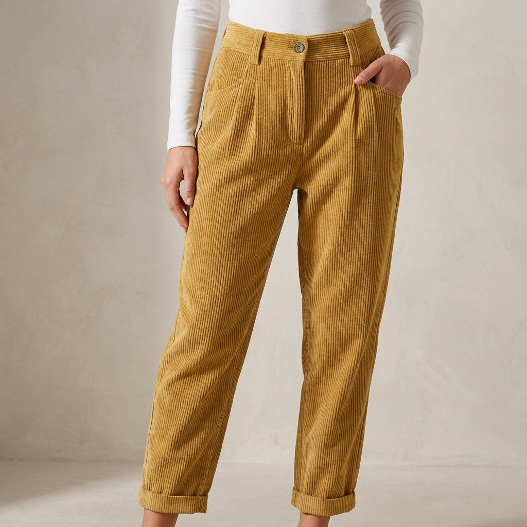 High-Waisted Ribbed Corduroy Pants with Tapered Ankle Silhouette