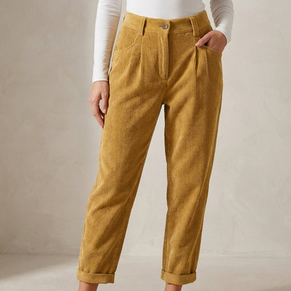 High-Waisted Ribbed Corduroy Pants with Tapered Ankle Silhouette