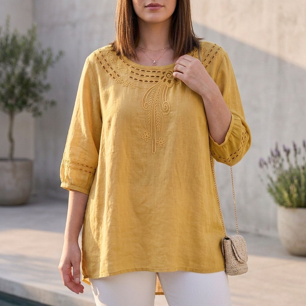 Bohemian-Inspired Relaxed Blouse with Eyelet Embroidery and 3/4 Sleeves
