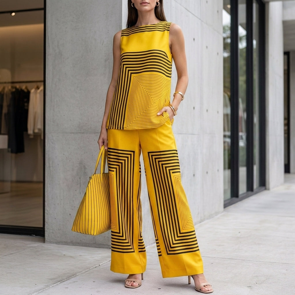 Loose Sleeveless Top with Asymmetrical Hem and Wide-Leg Pants Set
