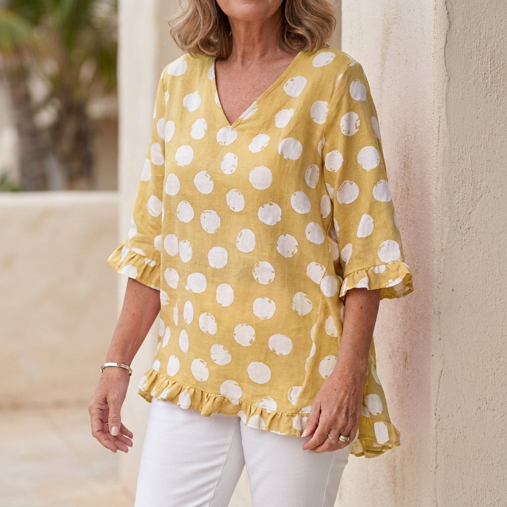 Relaxed V-Neck Tunic with Ruffle Trim and Flowing Silhouette