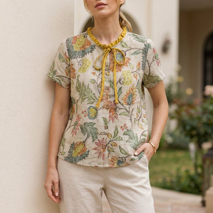 Floral Tie Neck Blouse with Soft Ruffle Collar Detail