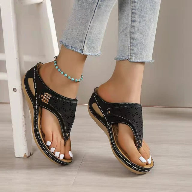 Laser-Cut Arch Support Thong Wedge Sandals