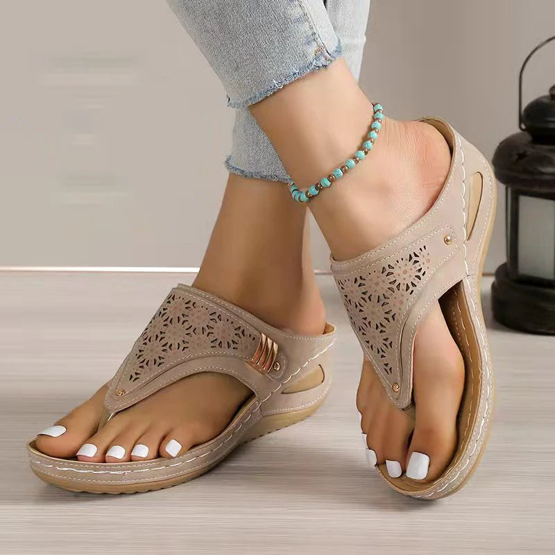 Laser-Cut Arch Support Thong Wedge Sandals