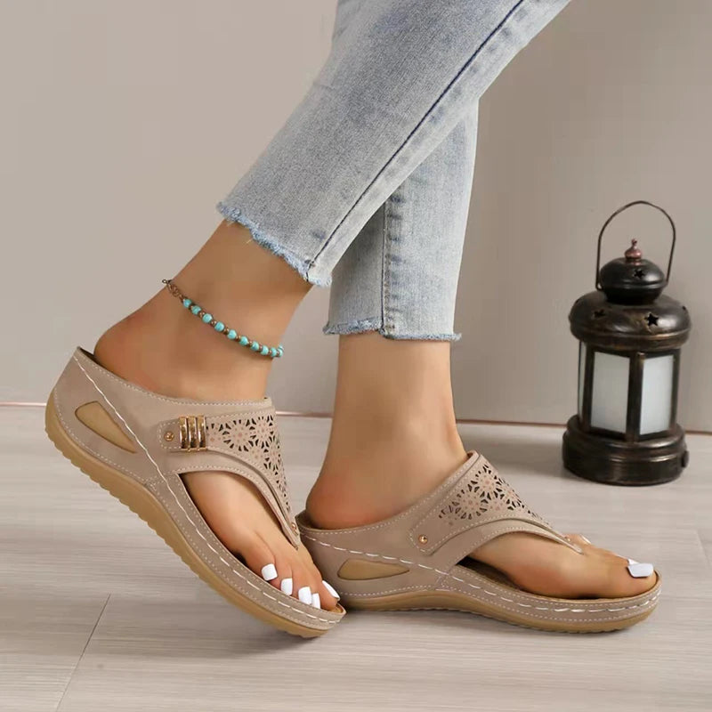 Laser-Cut Arch Support Thong Wedge Sandals