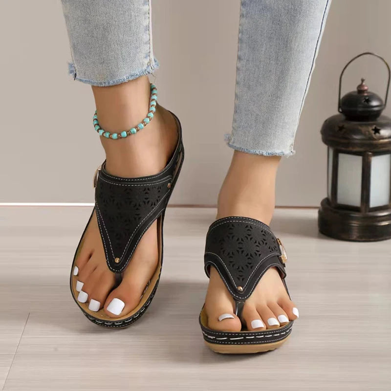 Laser-Cut Arch Support Thong Wedge Sandals
