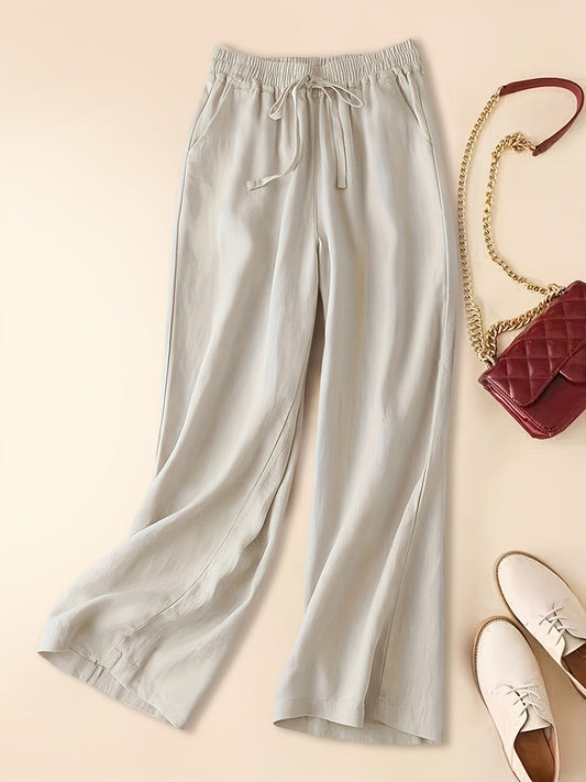Lightweight Wide-Leg Linen Blend Drawstring Trousers