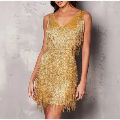 Fringe Embellished Mini Dress with Feathered Hem